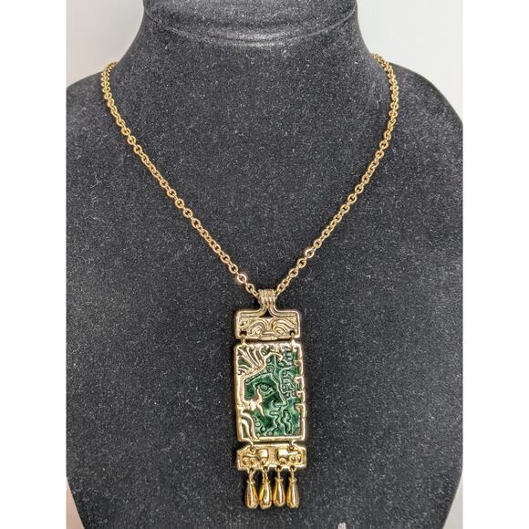 SALVADOR TERAN MARBEL Gold Plated Green Aztec Face Mask Designer Necklace 25"